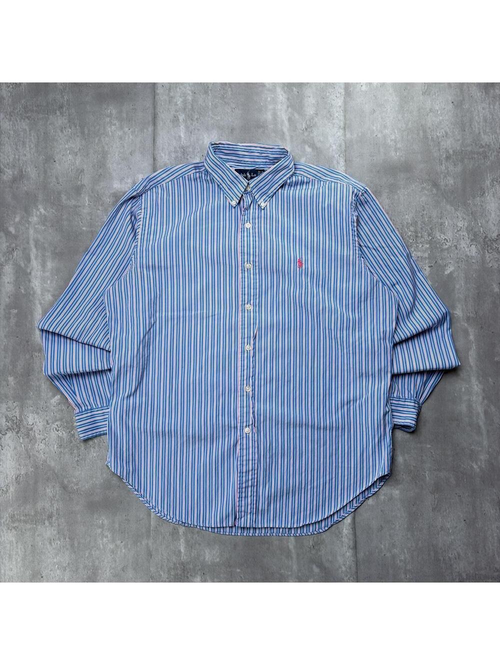 Vintage Light Blue Polo Ralph Lauren Striped Long Sleeve Button Up Shirt